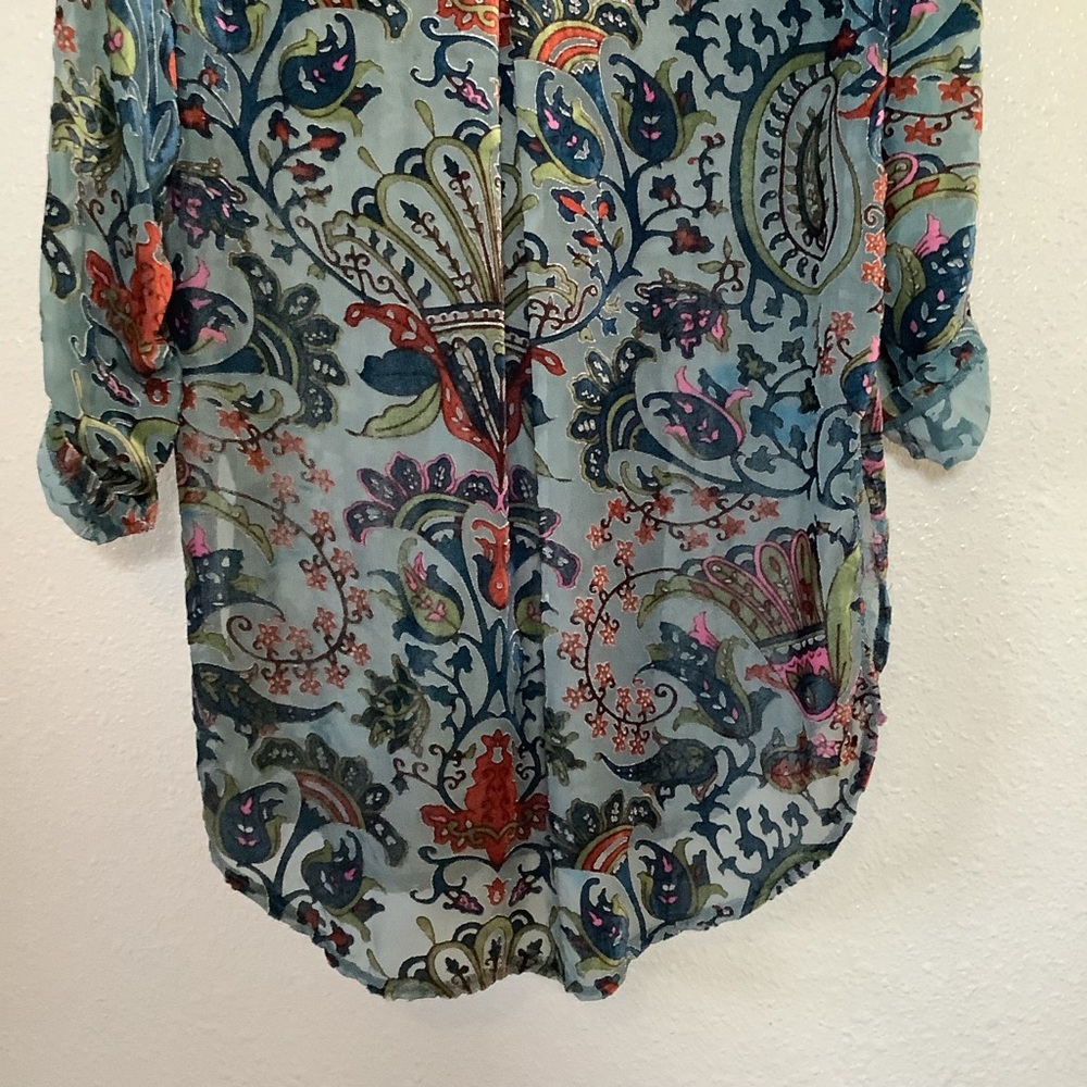 Blue Colorful Velvet Burnout Artsy Boho Hippie Lagenlook Oversized Tunic Shirt S - Picture 8 of 8